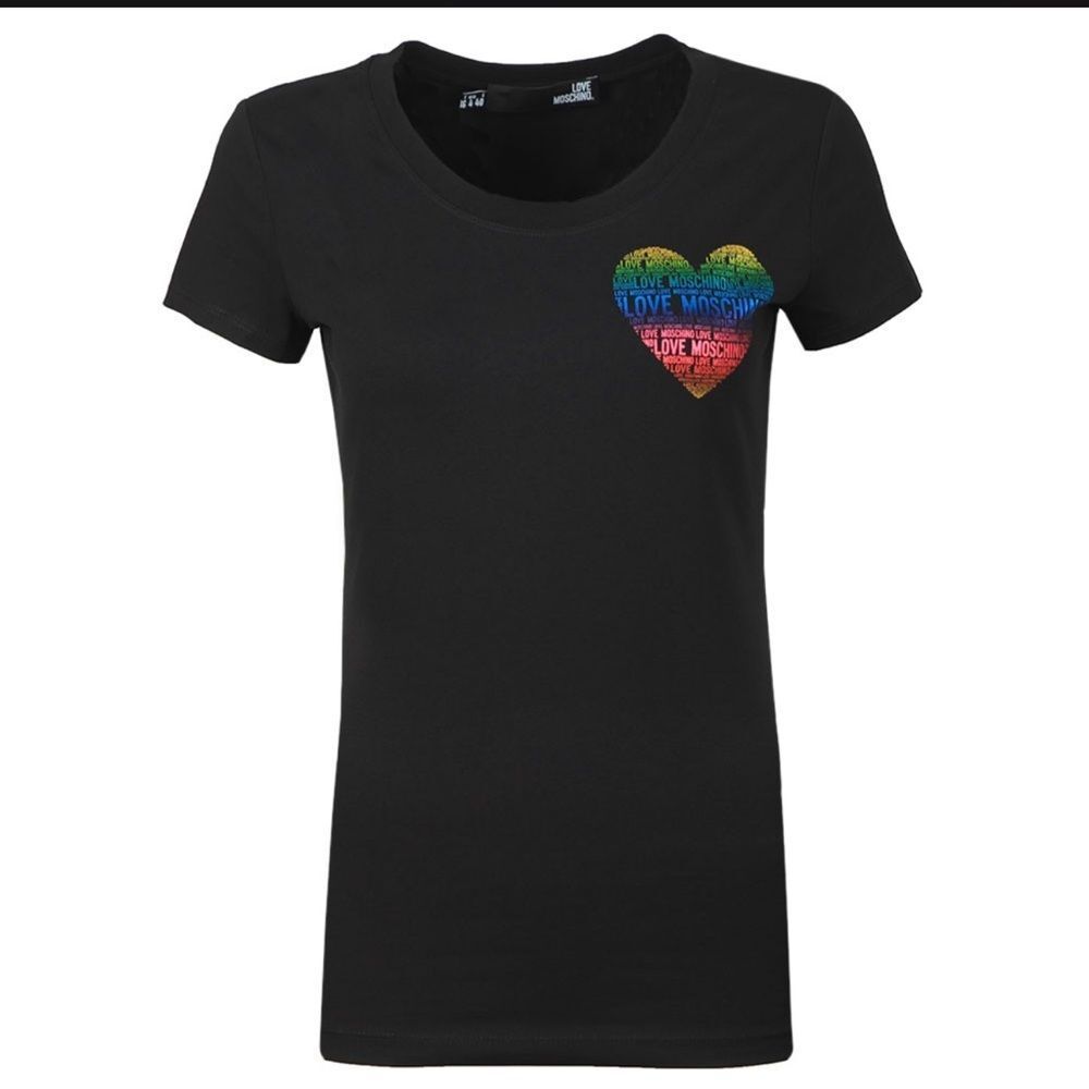 NEW Love Moschino Rainbow Foil Heart Logo Tee Black Size 2